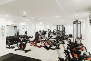 A wide variety of gym equipment, including bikes 